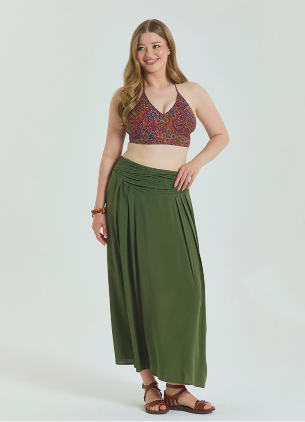Khaki Plus Size Skirt with Elastic Waist and Drape Detail 4602